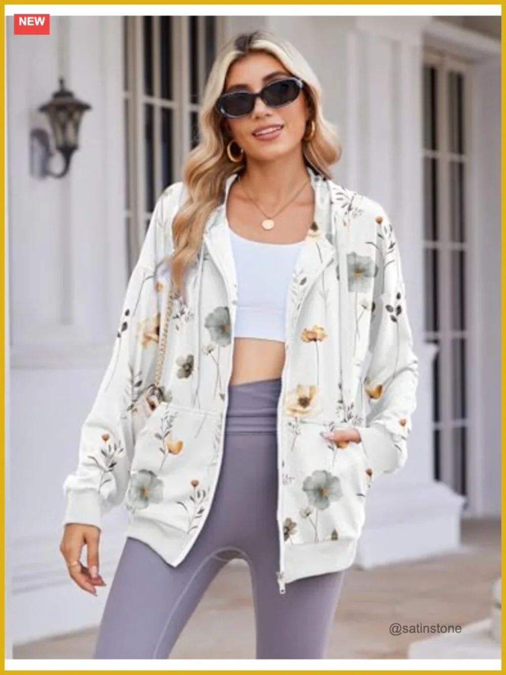 Zeagoo Women's Lightweight Zip Up Oversized Hoodie Floral Print